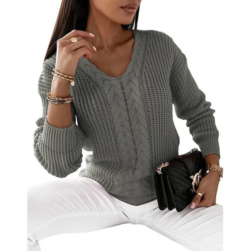 

2023 Autumn Winter Women Trendy Streetwear V-neck Solid Twists Knitted Sweaters Female Casual Long Sleeve Pullover Tops Jumpers