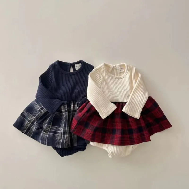 ربيع 2026 طفل الفتيات شبكة الربط القطن العضوي الفتيات المرقعة فستان الثلاثي قطعة واحدة فستان طويل الأكمام السروال القصير