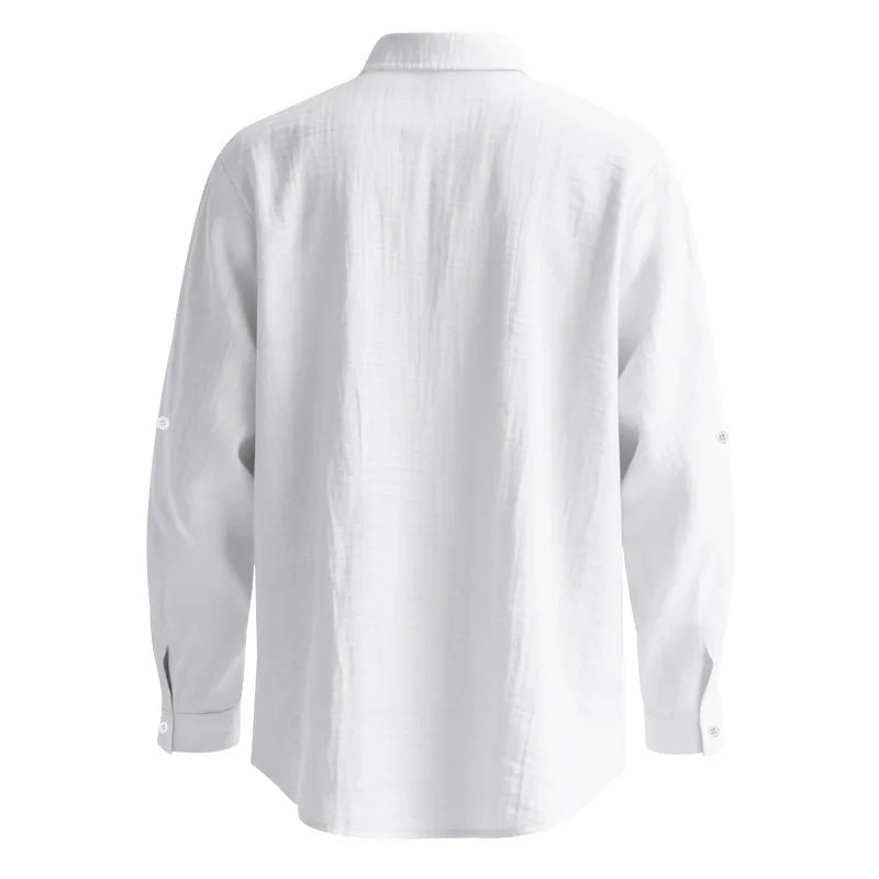 Men White Linen Button Down Long Sleeve Shirt Mandarin Collar Chest Pocket Roll Tab Cuff Loose Oversized Breathable Textured Beach Vacation Casual Holiday Top