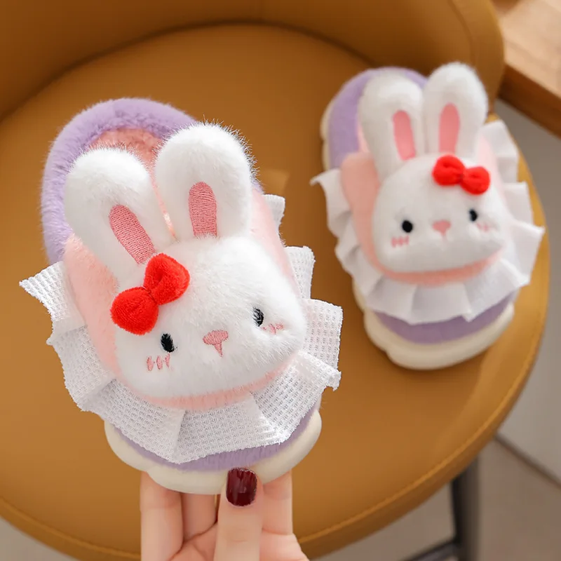 2024 New Cute Cartoon Rabbit Children\'s Plush Slippers Soft Non-slip Winter Warm Baby Boys Girls Kids Indoor Home Cotton Shoes