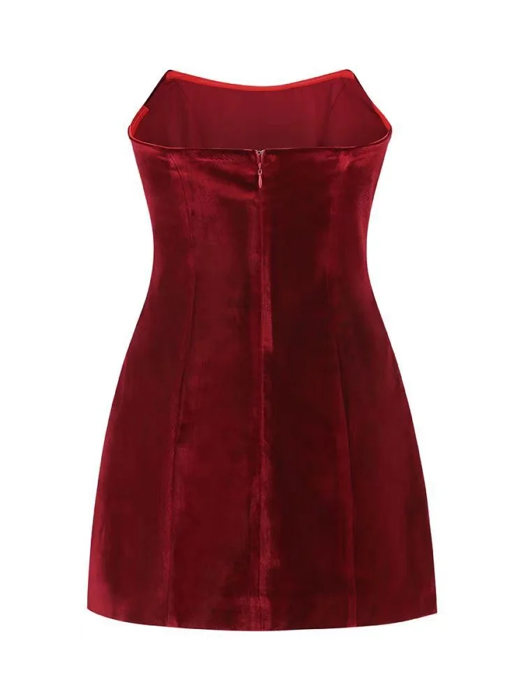 Wine Red Sexy Strapless Mini Prom Bodycon Velvet Dress Sexy Hollow Out Sleeveless Runway Cocktail Celebrity Evening Prom  Dress