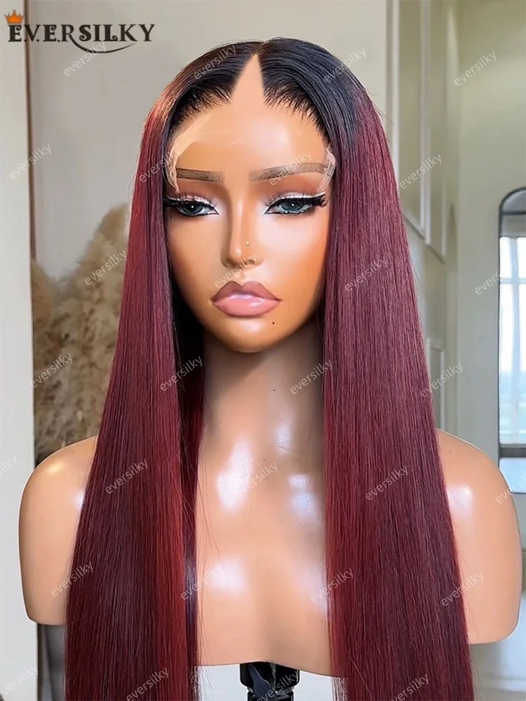 

Glueless Silky Long Straight V Part Open Wig For Women Black Roots Wine red Human Hair 250% Density U Part Shape Adjustable Wigs