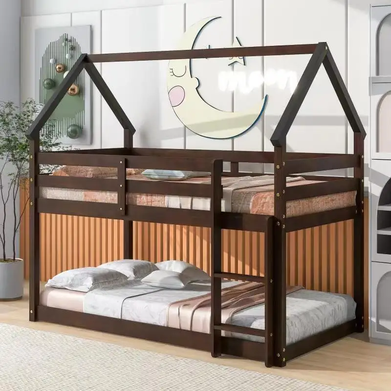 Bunk Bed for Kids Toddlers, Twin Over Twin Bunk Beds ,  Playhouse Farmhouse Roof Guardrail Ladder, for Girls & Boys