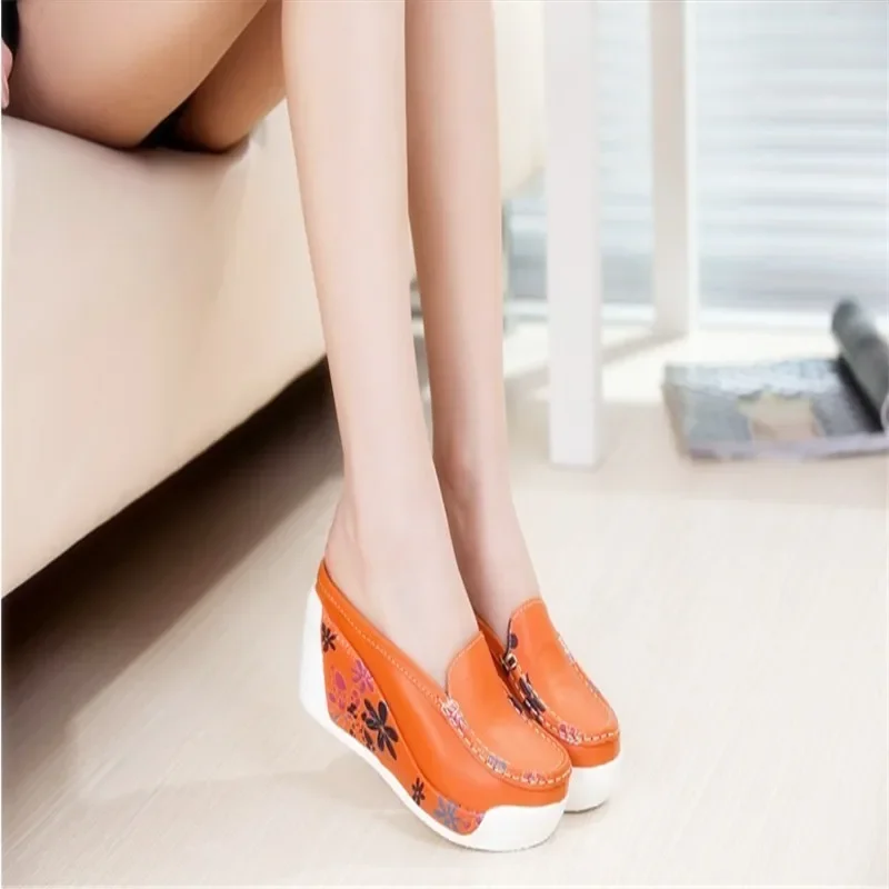 BEYARNE Genuine Leather Shoes Lady Casual white Wedges Fashion Woman\'s shoeS breathable single nurse thick bottom Platform
