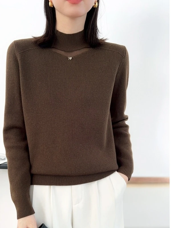 سترة نسائية منسوجة من الدانتيل مبطنة Fce بياقة عالية ملابس داخلية حرارية لخريف وشتاء 2025 سترة جديدة فضفاضة محبوكة... #3