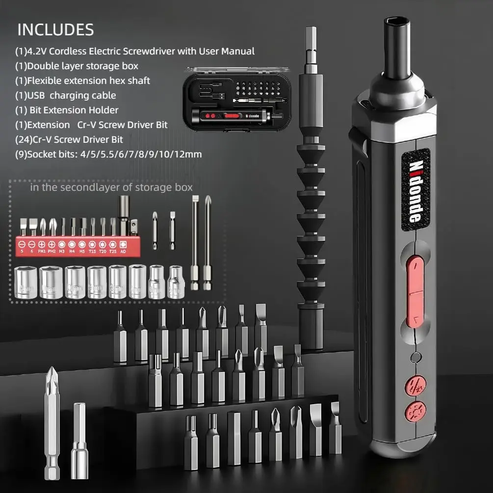 Rechargeable 4.2V Cordless Screwdriver 2000mah with Circuit Sensor Technology, Includes 34pcs Bit, extended screwdriver bit, 4-1