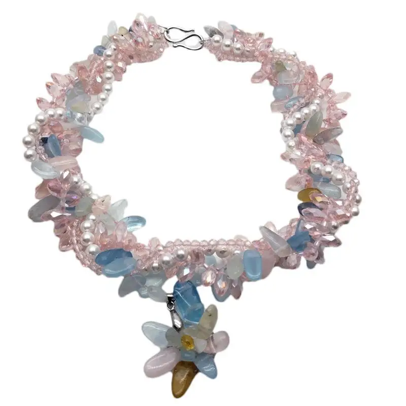 

YYGEM multi strand Natural top-drilled Morganite 6mm White Sea Shell Pearl Pink Crystal Flower Pendant Necklace Handmade Jewelry