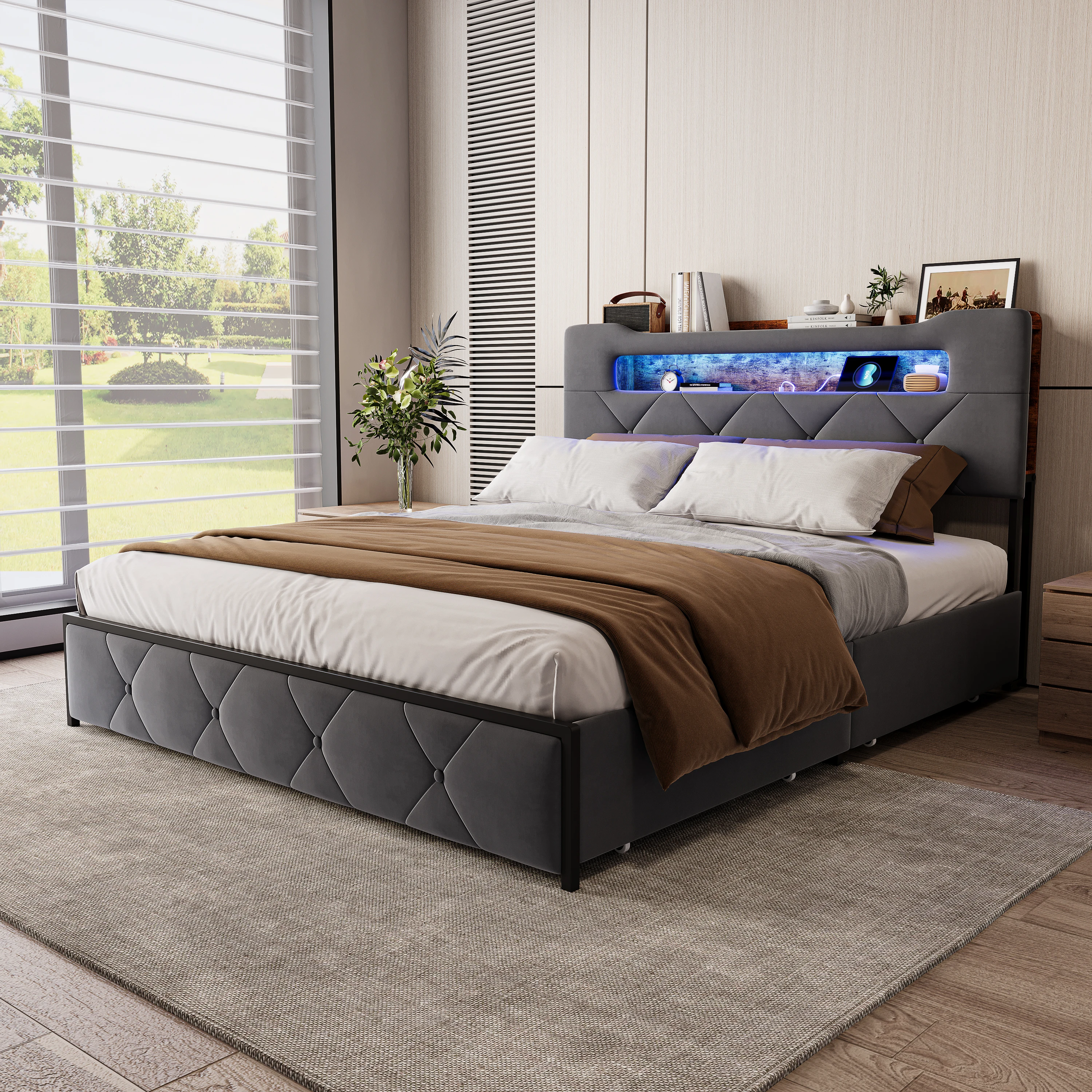 Cama Doble Tapizada Fangange con Iluminación LED, USB y 4 Cajones, Cama con Almacenamiento, Cabecera con Espacio de Almacenamiento Gris/Beige