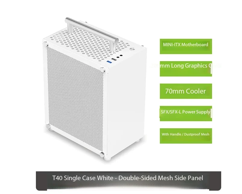 T60 Mini ITX Long Graphics Card Portable, Side-transparent White Desktop Case