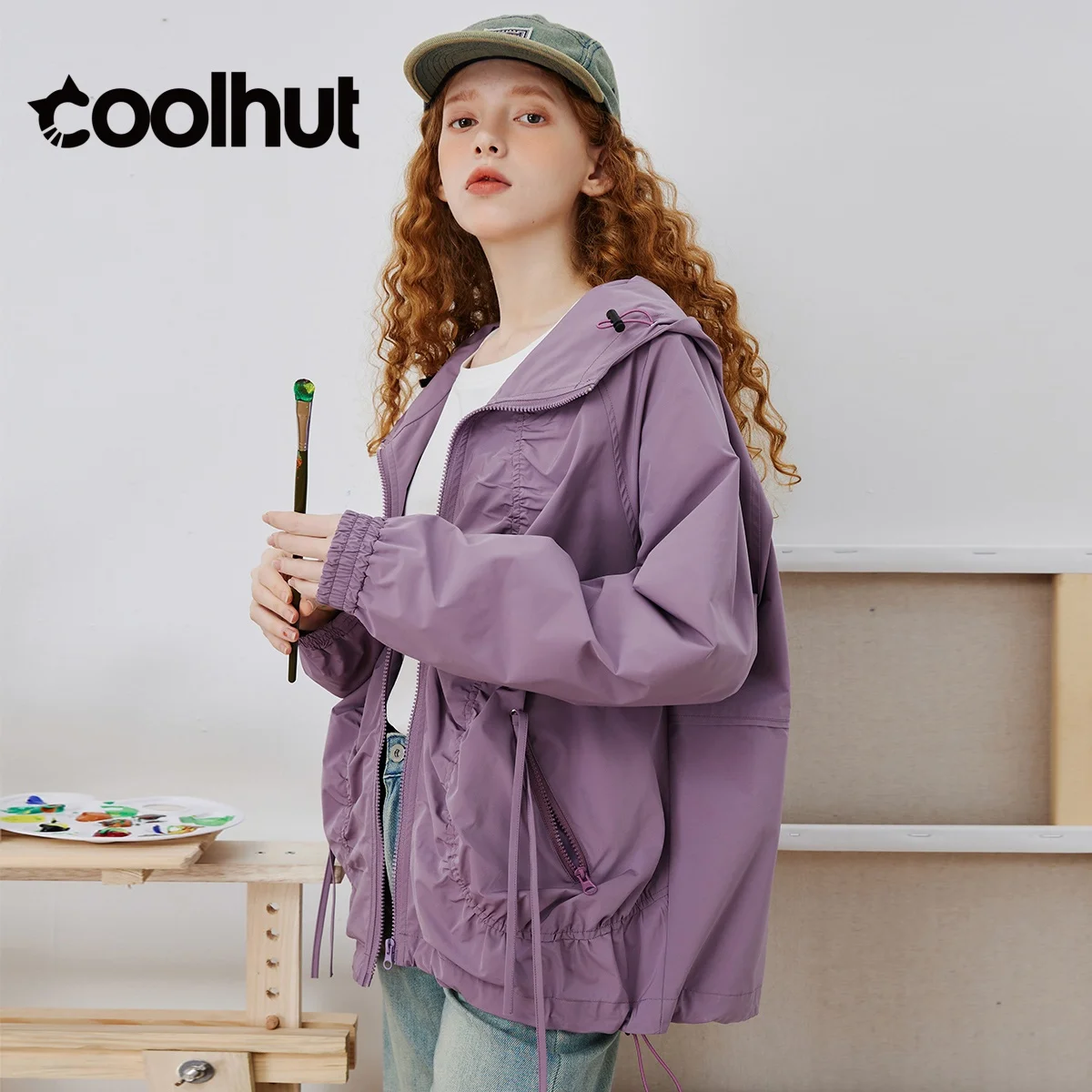 COOLHUT Feminino 2025 Casual Blusão com Capuz Minimalista Plissado Jaqueta Solta com Cordão Leve Casacos de Outono