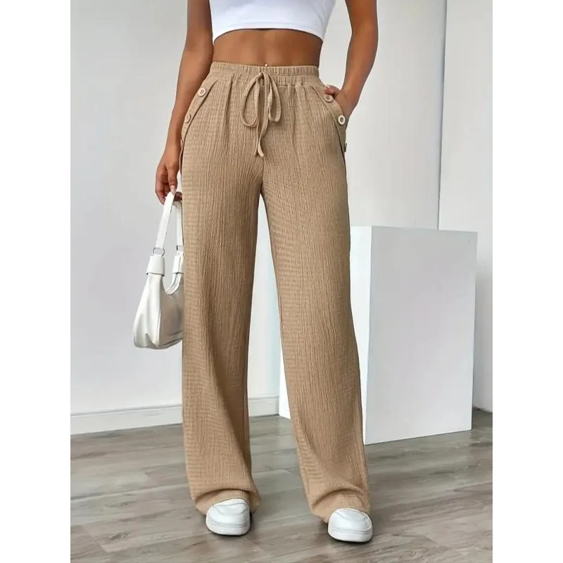 Plus size nieuwe damesmode stropdas elastische taille broek effen casual losse rechte wijde pijpen broek