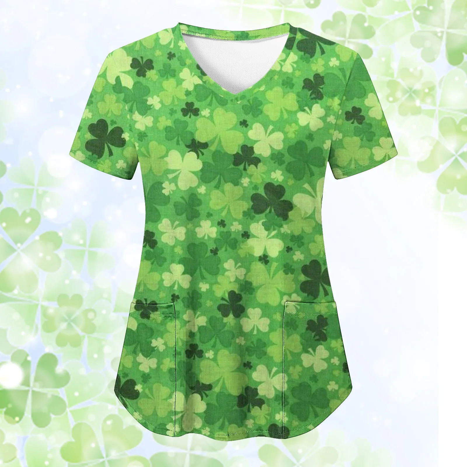 Ladies St Patricks Day Healthcare Blouse Medicals Uniform Short Sleeve V-Neck Working Tops Scrubs Nurse Beauty Salon Overalls