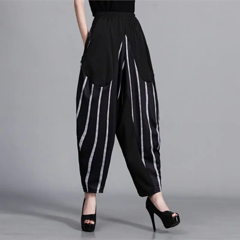 Women's Clothing Fashion Printing Spliced Harem Pants Summer Vintage Elastic High Waist Casual Loose Cropped Pants for Female