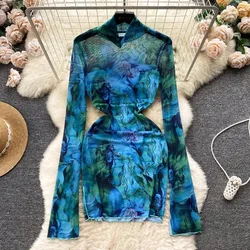 Chic Elegant Print Mesh Dress Sexy French Vestidos Long Sleeve High Waist Women Spring Autumn Pencil Dress