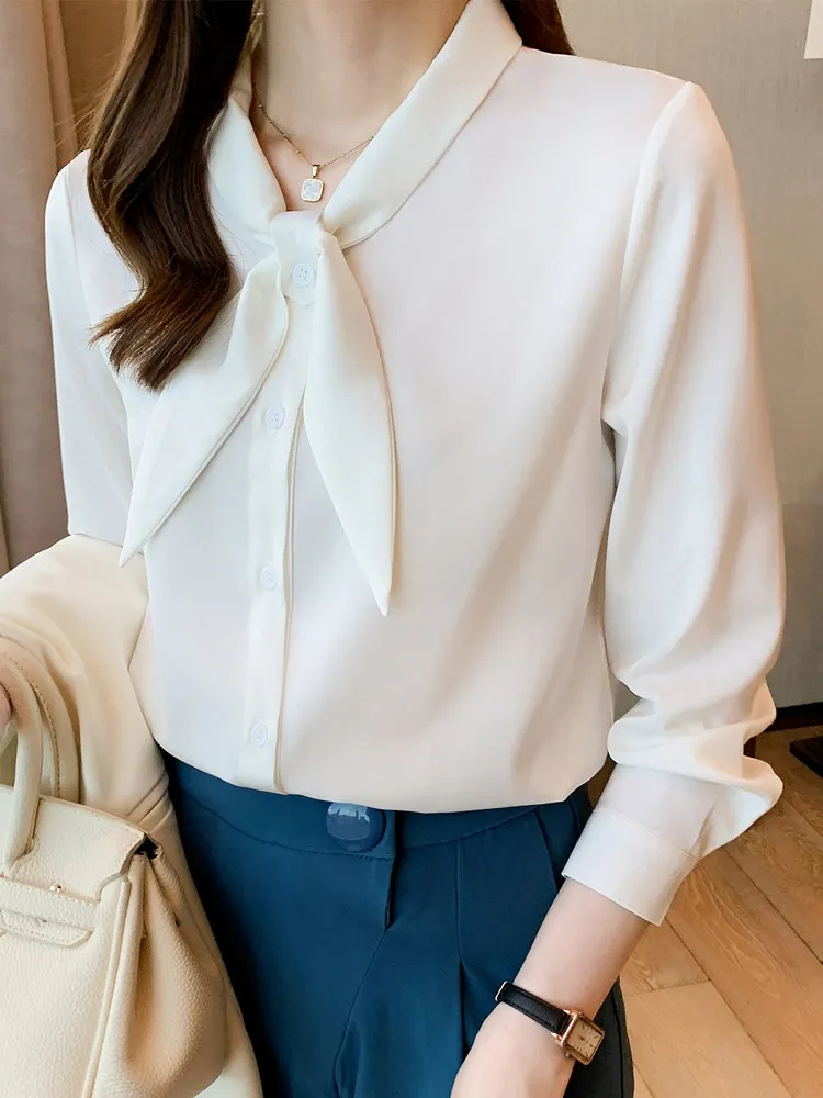 

Рубашка с бантом, женская рубашка с длинными рукавами, весенне-осенняя высококачественная изысканная атласная рубашка, профессиональная темпераментная рабочая одежда