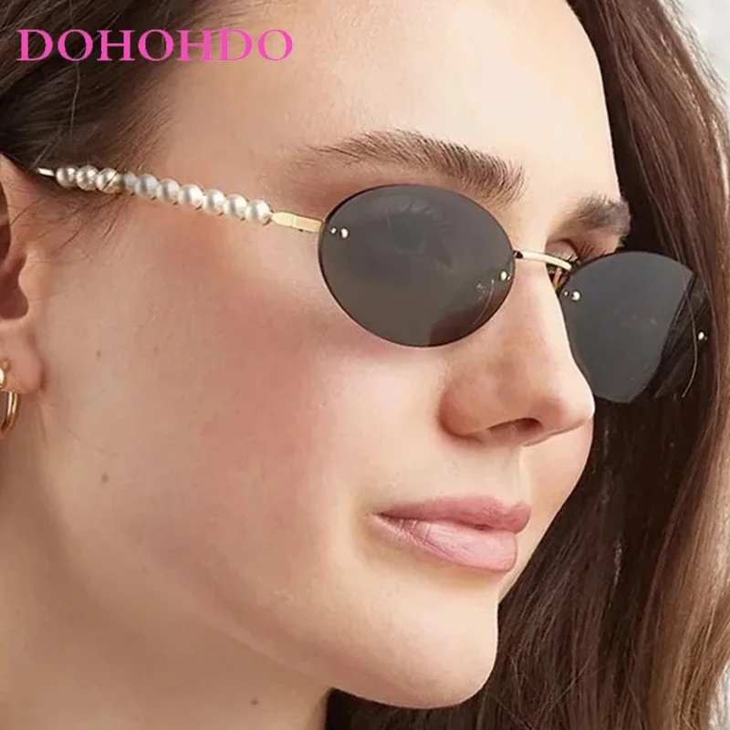

Trendy Vintage Pearl Metal Rimless Small Oval Women Men Sunglasses Brand Designer Eyeglasses Travel Driving Shades Female UV400