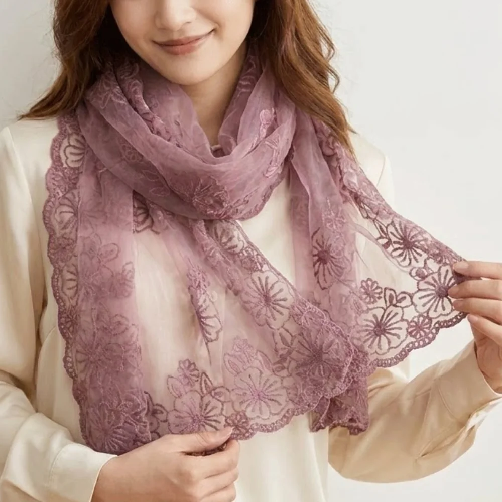 

Thin Lace Scarf Elegant Long Thin Embroidered Flower Shawl Retro Style Headscarf Korean Fashion Women's Wear Literary Scarfs