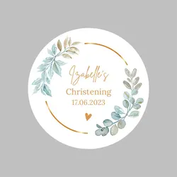 Personalized Round Wedding/baptism/initiation/ceremony/blessing Sticker Green and Gold Floral Design Custom Text Label
