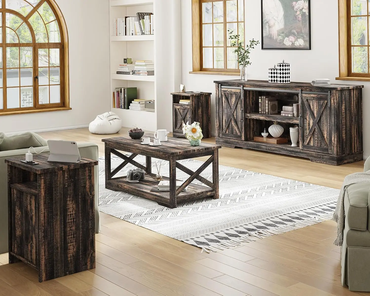 4-Piece Farmhouse Table Set Includes Sliding Barn Door TV Stand, Side Table with Charging Station, Dark Oak, 66