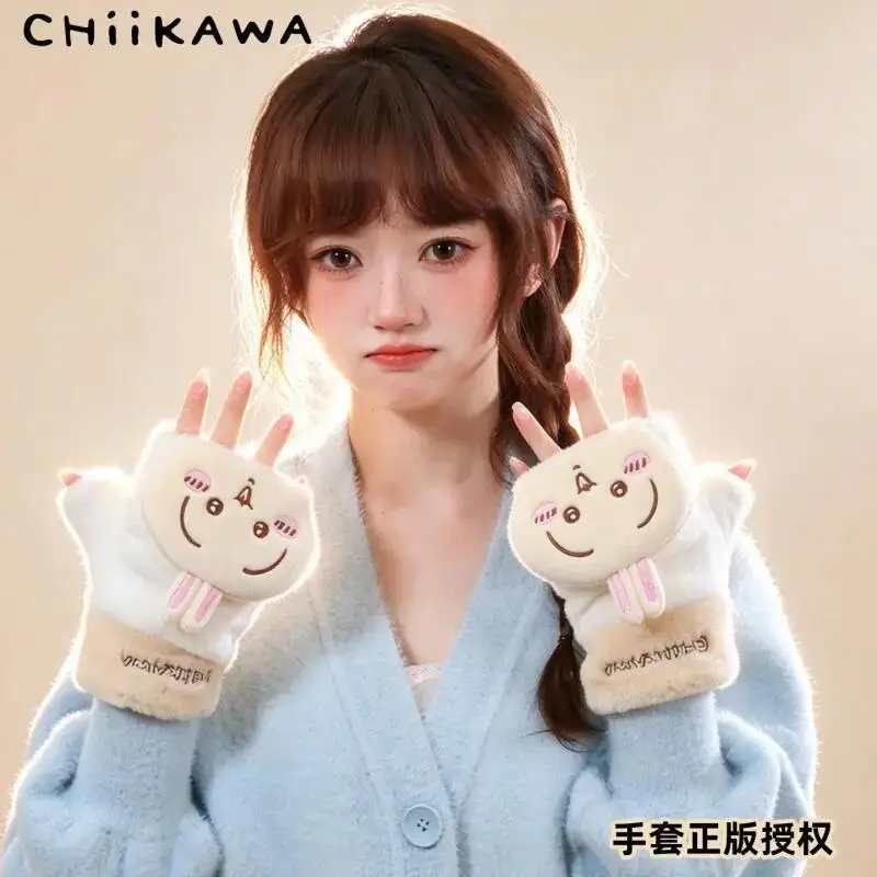 Cartoon Scarf Hat Anime Flip Cover Glove Female Winter Cute Girlish Heart New Girl Usagi Half-Finger Velvet Gloves Keep Warm