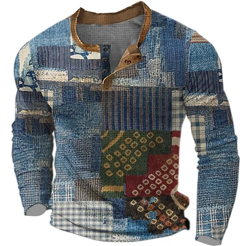 

Vintage Patchwork Graphic Men's Henley T-Shirt 3D Print Fashion Comfortable Long Sleeve Tops Oversize Breathable Clothes For Men