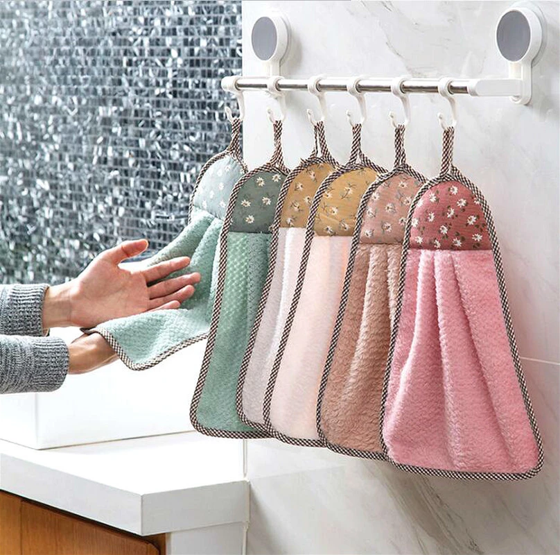 Coral Velvet Hand Towel Hanging Absorbent Towel Thickened Kitchen Hanging Towel Cleaning Rag Dish Towel Cloths household