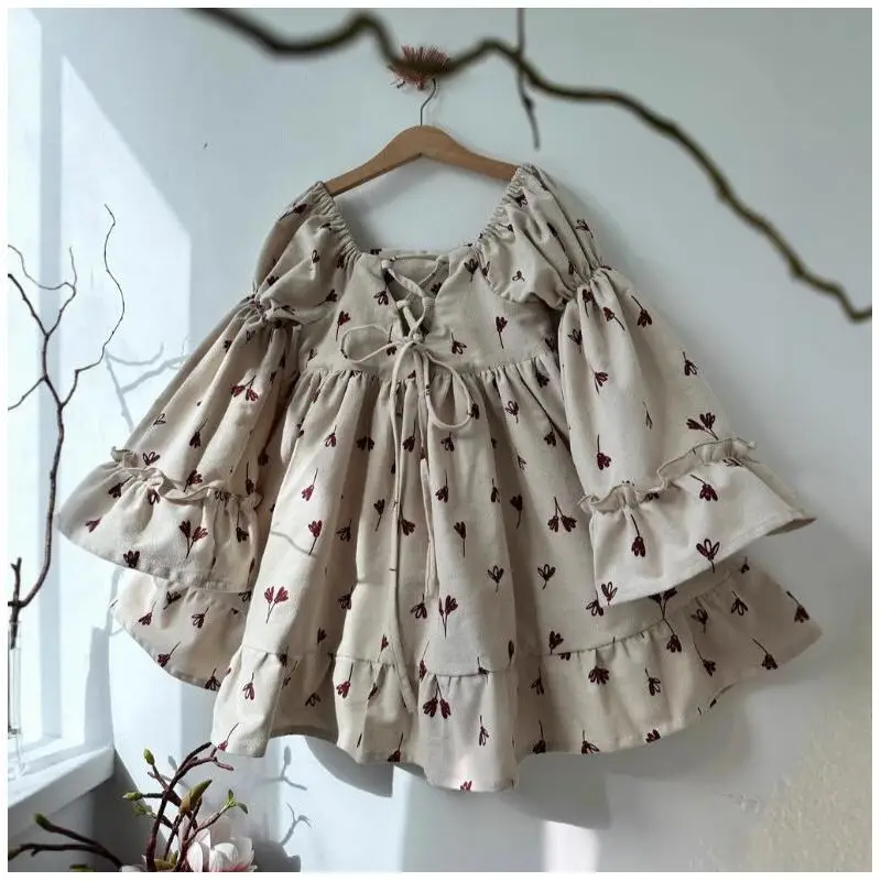 Children's Clothing Spring And Summer Clothing Dress Cotton Girls Party Bell Sleeves Court Style Lace Up JK Style Swallowtail