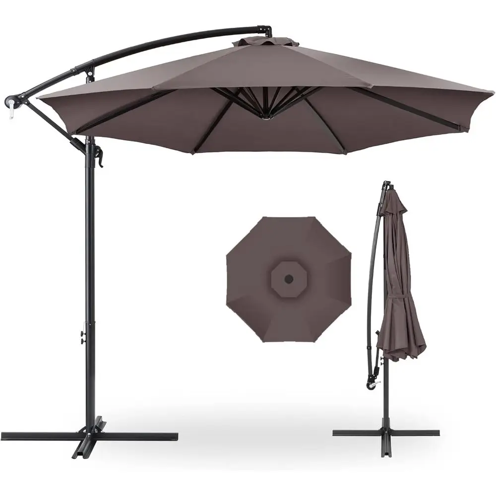 Hanging Market Patio Umbrella w/Easy Adjustment, Polyester Shade, 8 Ribs for Backyard, Poolside, Lawn and Garden - Deep Taupe