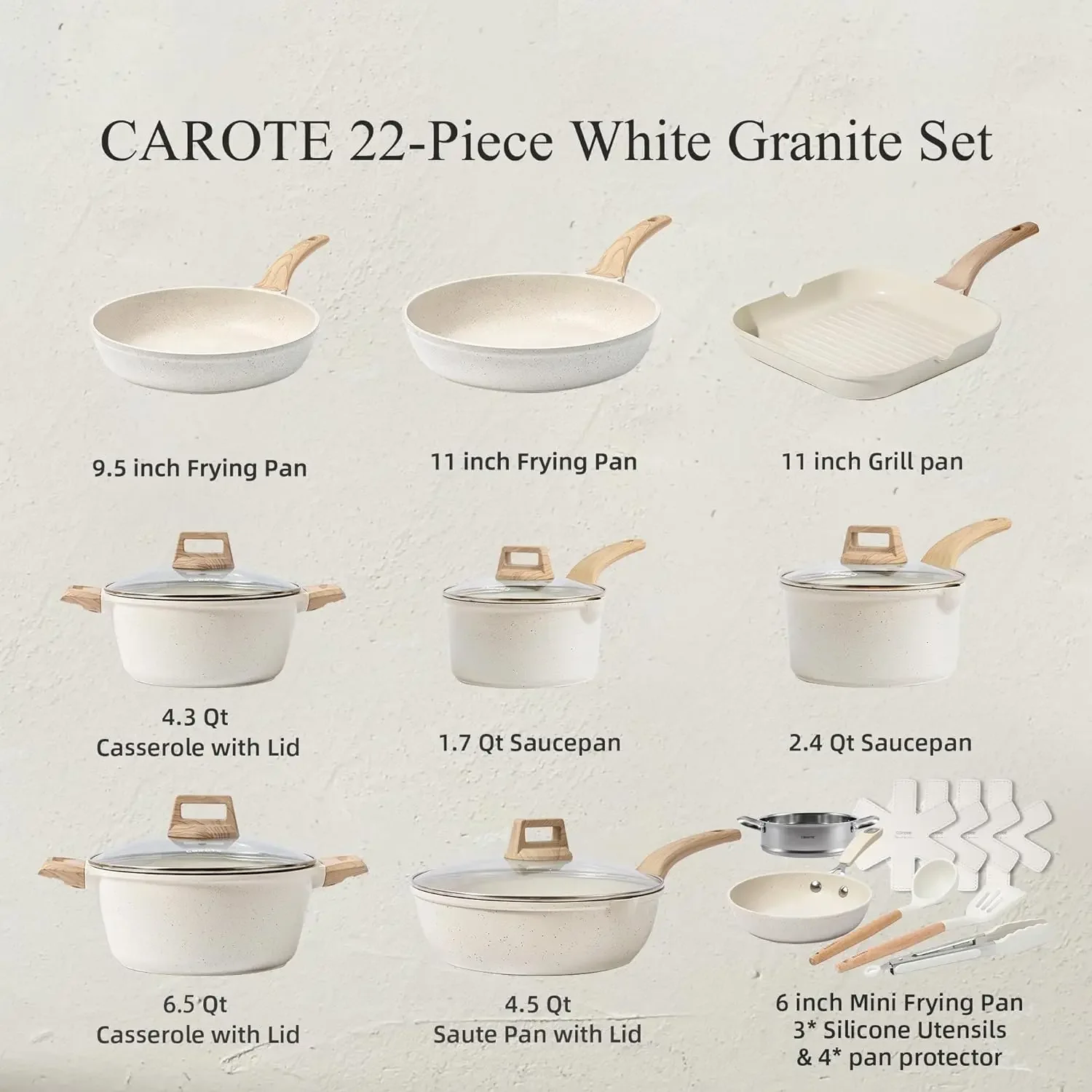 CAROTE 22pcs Pots and Pans Set Nonstick, Cookware Set White Granite Induction Kitchen Cooking Set w/Frying Pans