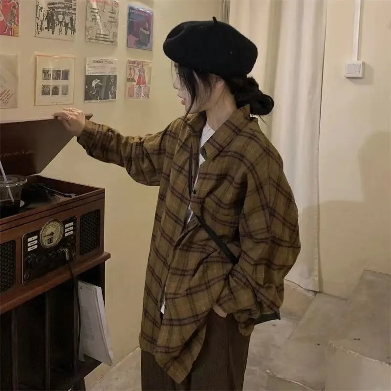 Camisa a cuadros cepillada Top Otoño Invierno nuevo estilo de Hong Kong camisa suelta Retro chaqueta Casual de manga larga