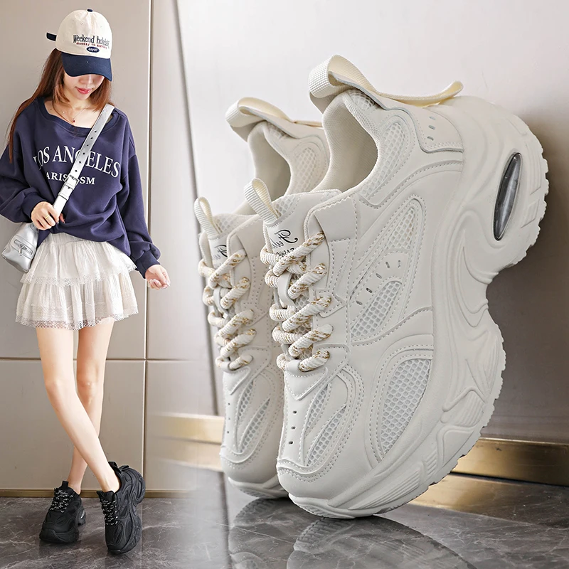 

2025 New Women's Lace Up Chunky Platform Sneakers 6CM Heel with Non Slip Wear Resistant Outsole for Casual Daily Wear