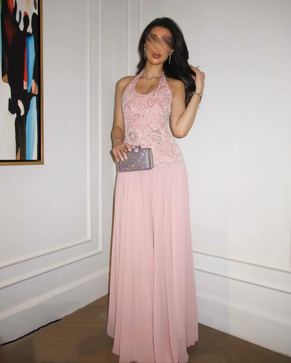 

Customized Modern Style Elegant Chiffon Beading Sequined Straight Halter Long Dresses Bespoke Occasion Dresses Sizes Available