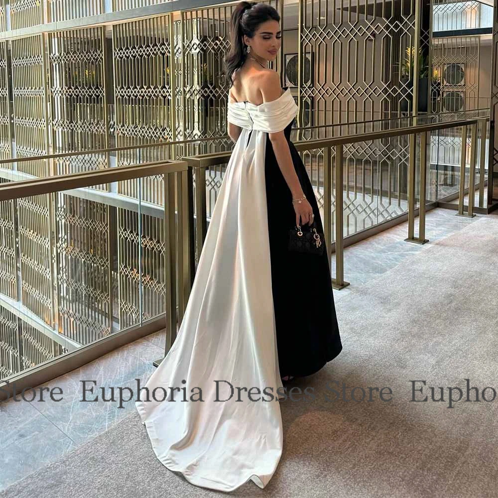 Kontrastfarbene Damen-Cocktailparty-Kleider, Satin, A-Linie, Promi-Kleid, Schwarz, schulterfrei, Watteau-Schleppe, Ballkleid, Maxi – Detail 3