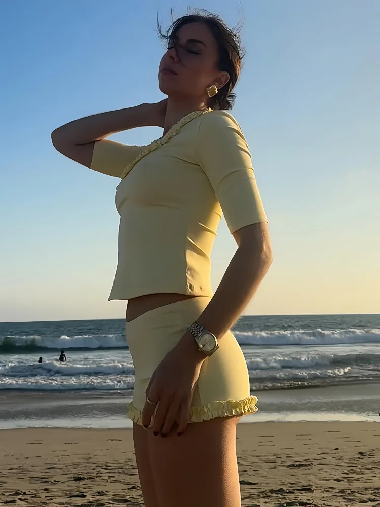 Absobe المرأة المرقعة تكدرت تقليم السراويل Y2K قطعتين مجموعة U الرقبة ميدي الأكمام تي شيرت منخفضة الارتفاع الصيف عادية سليم الزي #4