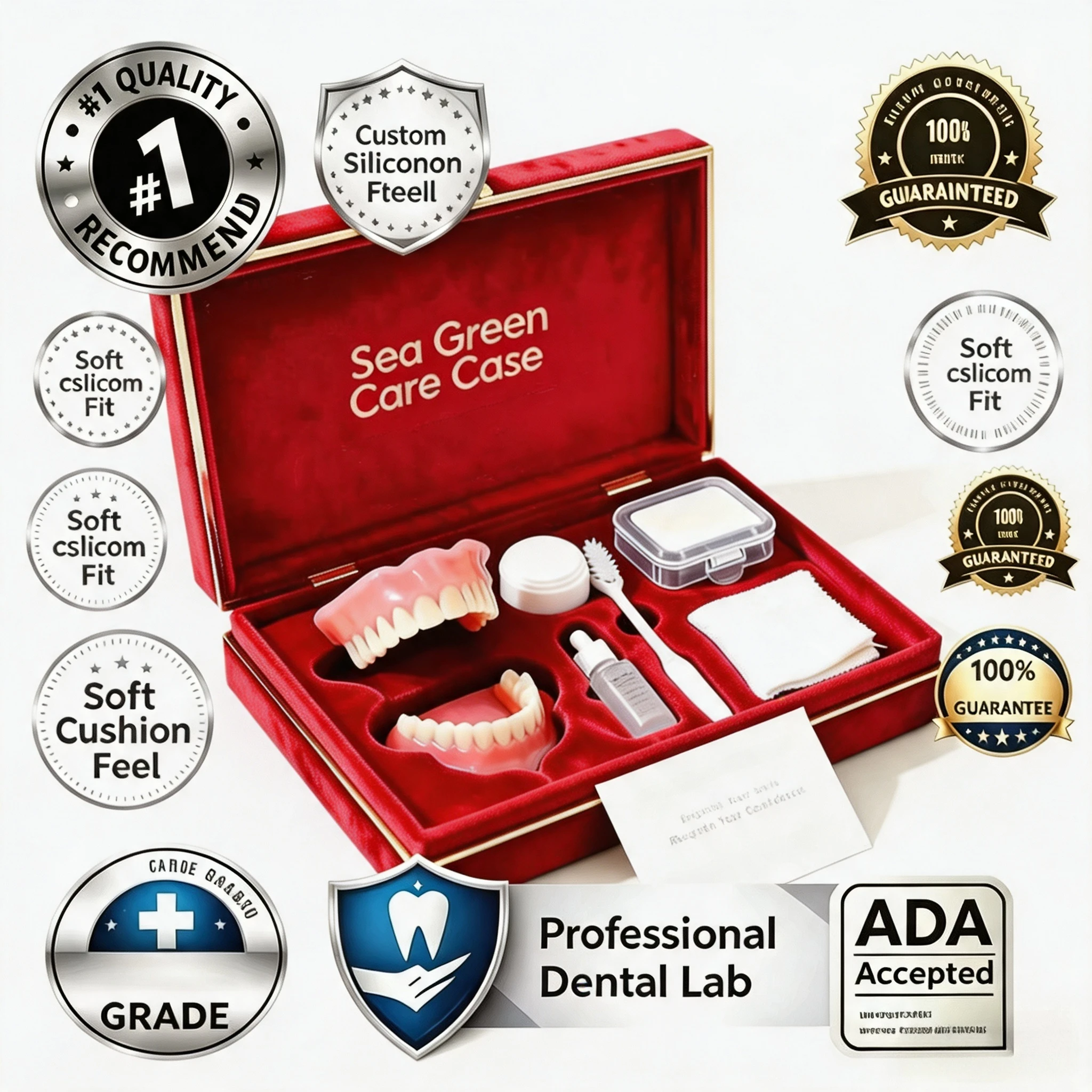 Natural Cosmetic Denture Kit - Realistic Upper & Lower Teeth Set, Cleaning Tools, Instant Smile Veneers, Comfort Fit Daily Wear