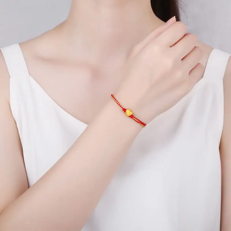 Real 999 24K Yellow Gold Bracelet Woman's 3D Vrushing Crafts Loving Heart Baby's Red String Knitted Bracelet