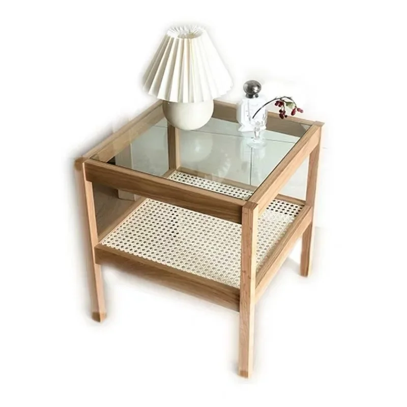 Square rattan coffee table household living room simple modern tempered Japanese glass edge corner table
