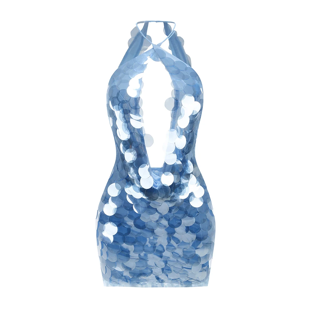 

Сексуальное платье с глубоким v-образным вырезом без рукавов и лямкой на шее, открытой спиной и пайетками, сетчатое мини-платье с завязками, коктейльное вечернее платье на день рождения