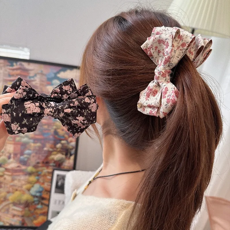 

Korean Retro Floral Bow Banana Clip Sweet Literary Style High Ponytail Clip Hair Accessory twist hair clip