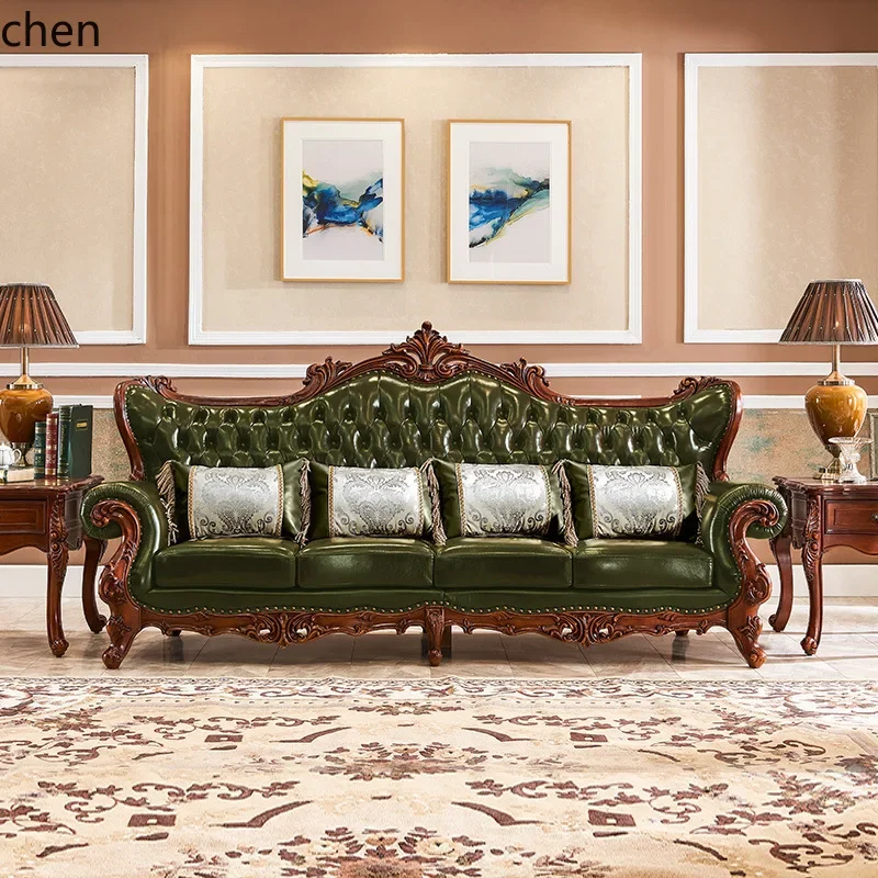 

HYS Solid Wood Sofa Living Room Furniture Genuine Leather Sofa Set Villa Furniture