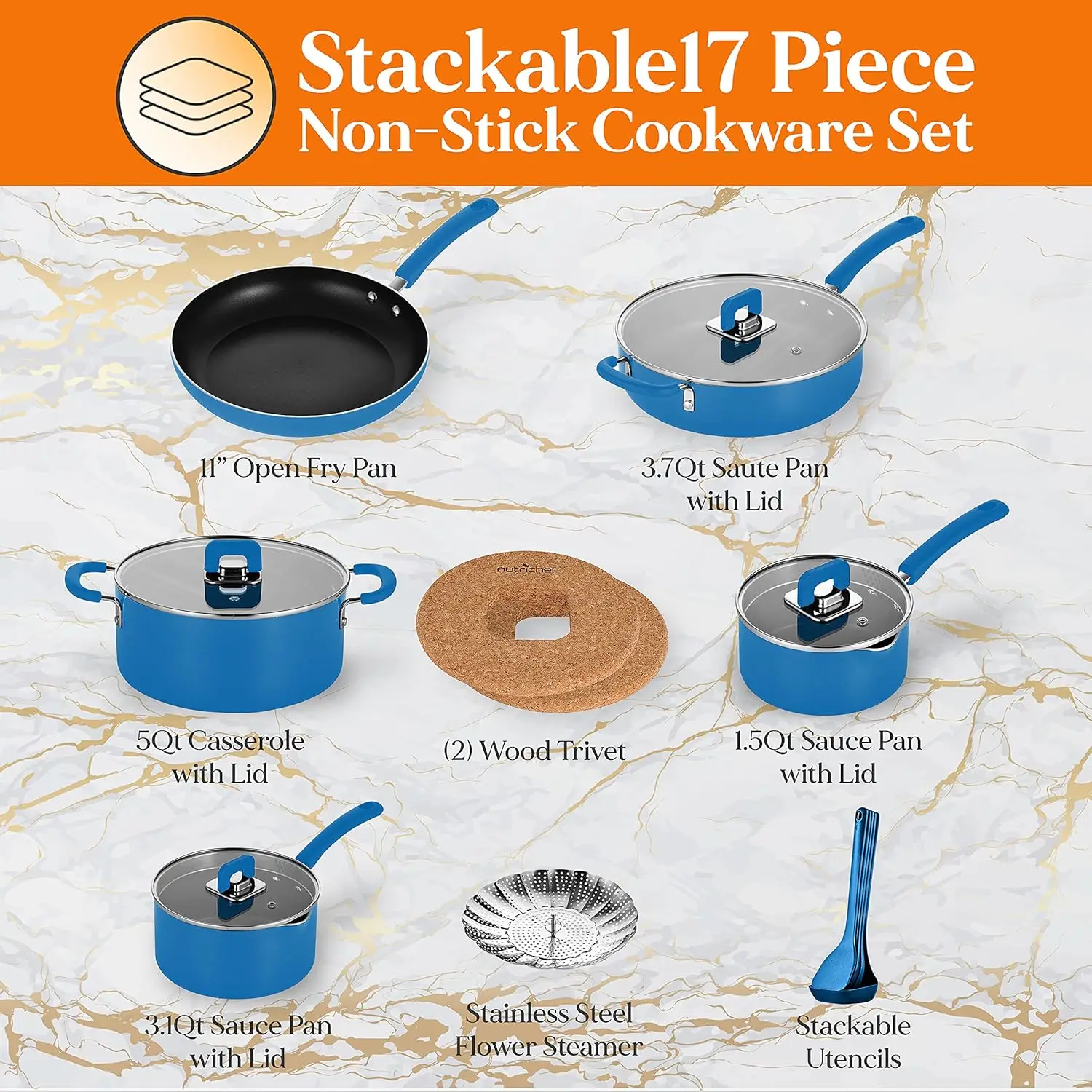 Kitchenware Cookware, Non-Stick Pans, and Pots with foldable Knob, Space Saving, Stackable, Nylon -Tools, Induction Base, Brown,