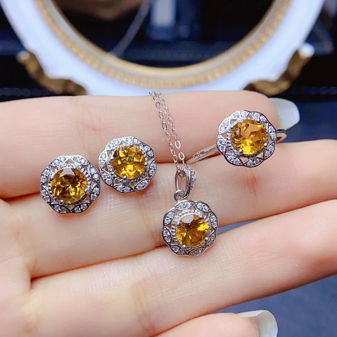 

FS S925 Sterling Silver Natural Citrine/Opal/Topaz Fine Jewelry Set Ring Pendant Earrings 3-Piece for Women MeiBaPJ Certificate