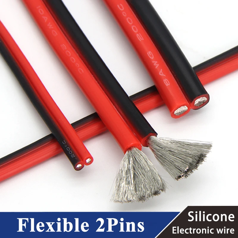 

Copper Wire Silicone Rubber Cable Soft 30 28 26 24 22 20 18 16 14 12 10 8 AWG Black Red 2Pins Flexible DIY LED Connector