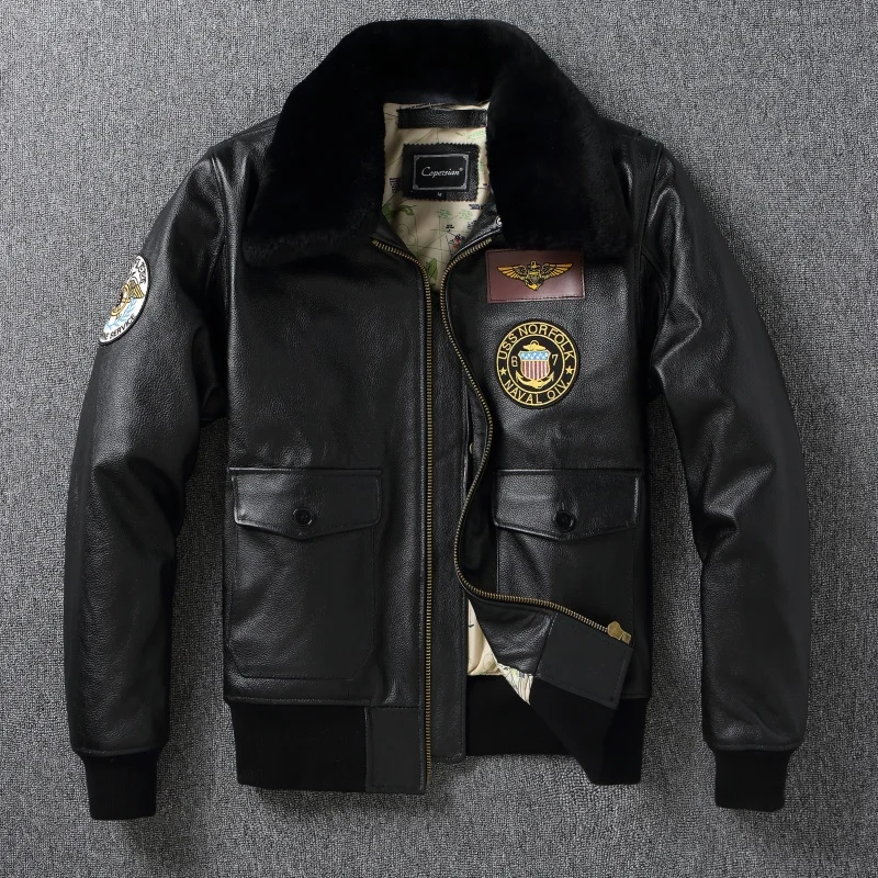 

Мужское пальто из натуральной кожи на хлопковой подкладке со съемным меховым воротником Busin Casual Sle Long Sve на молнии