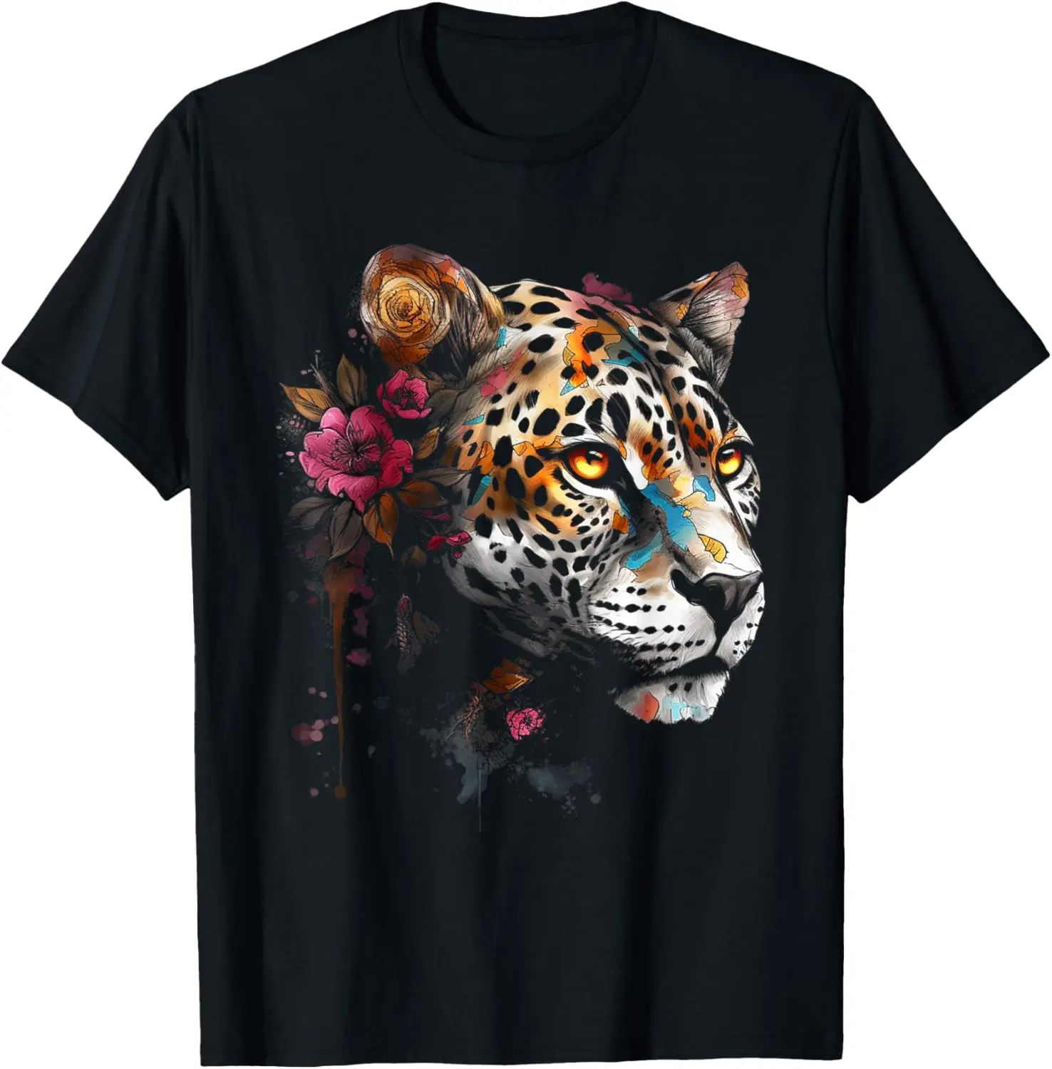 

Одежда, забавные футболки, красочная футболка с изображением головы ягуара и цветочным рисунком, дышащая хлопковая повседневная футболка с короткими рукавами