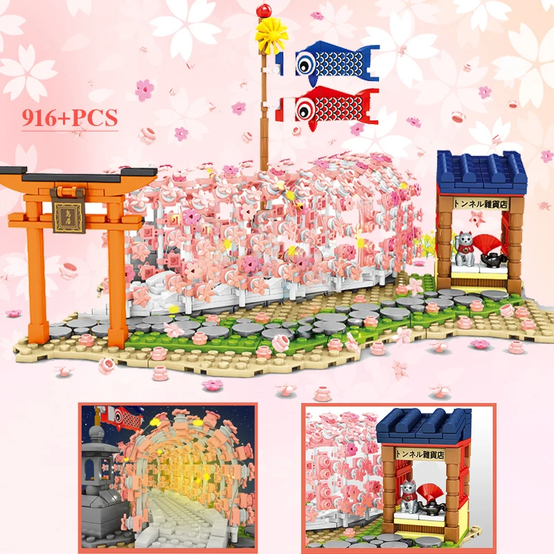 Sembo Block Sakura Street View Blöcke Stadt Kirschblüte japanische Sakura Baum DIY Haus Mini Modellbau Kinderspiel zeug