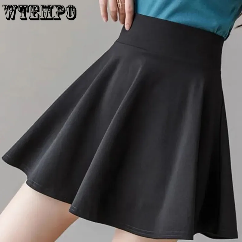 

Black High Waist A-line Umbrella Skirt Built in Shorts Women Elastic Waist Fluffy Skirt Solid Color Preppy Style Korean Fashion