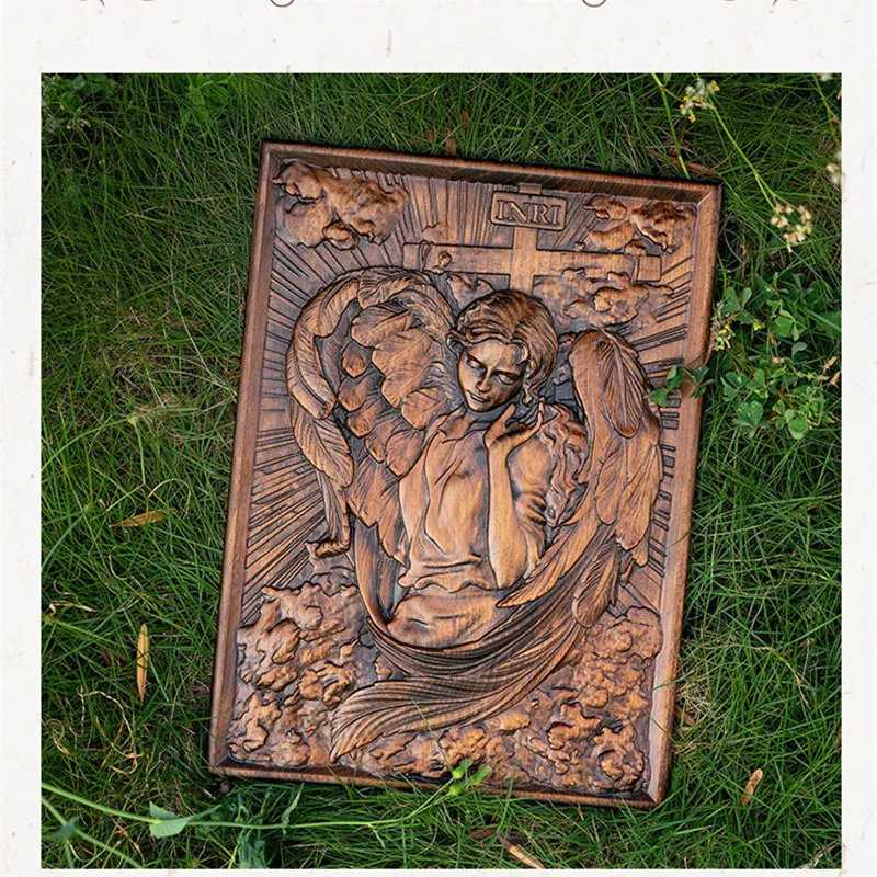 Jesus Cross Relic Archangel Relief Beech Wood Carving Home Decoration Religious Figures Church Souvenirs