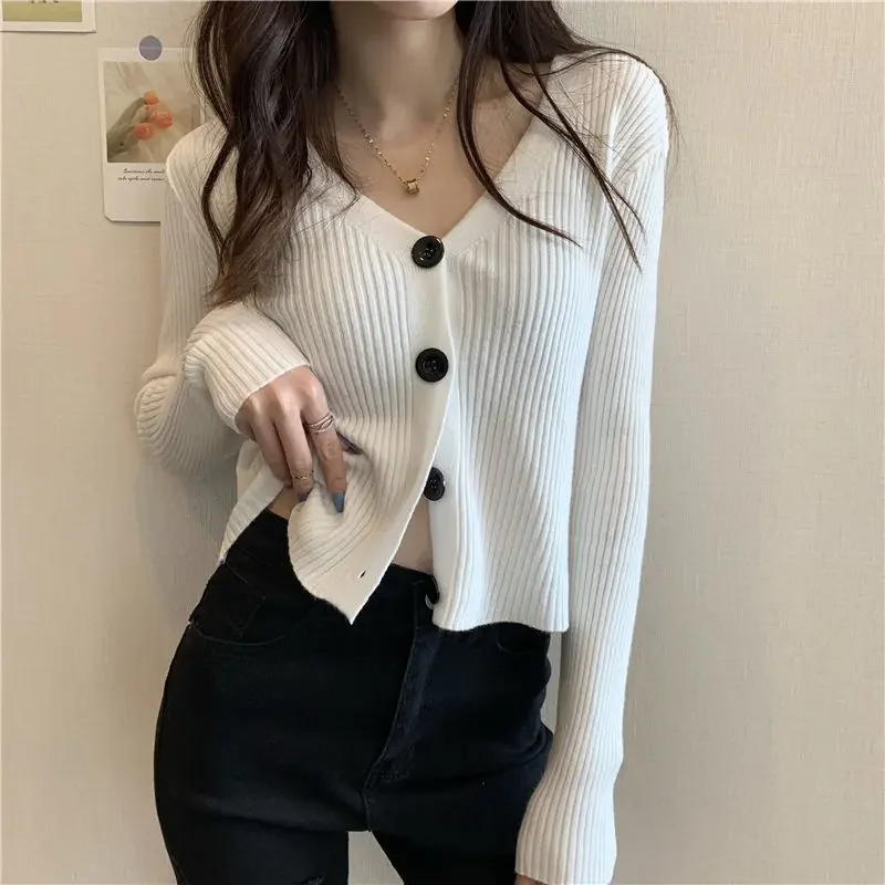 Woman Sweaters Cardigan V-neck Knitted Cardigan Sweater Coat Women\'s Autumn Outer Wear White Long-Sleeved Top Sueters De Mujer