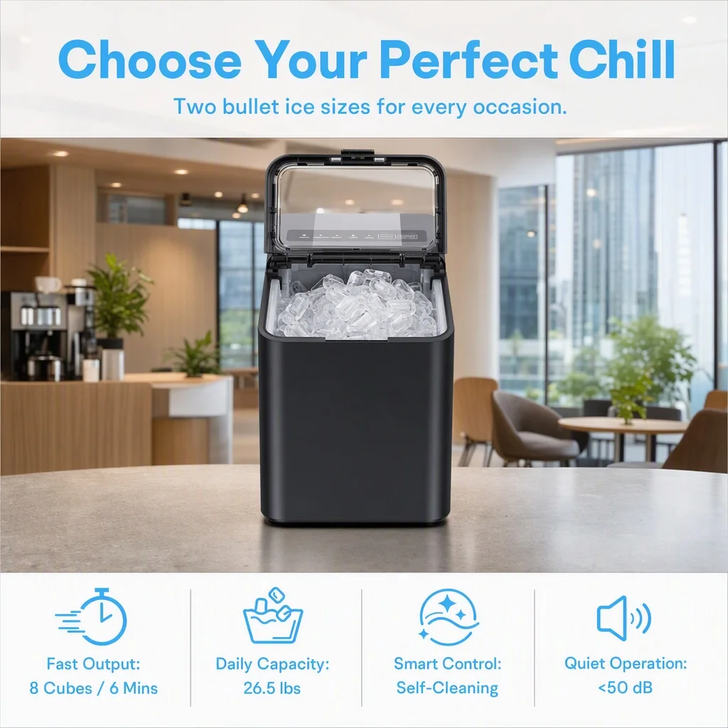 Ice Maker Countertop, 8 Ice Cubes in 6 Mins, 26.5 Lbs/24H, 2 Bullet Ice Sizes, Self-Cleaning Bullet Ice Maker, Portable Ice Machine for Kitchen, Party, Office, and RV Camping image 4